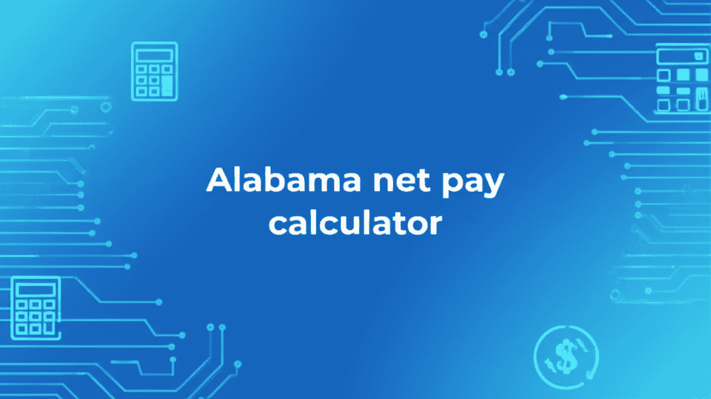 An illustration representing the Alabama net pay calculator, showing financial symbols and a mobile interface.